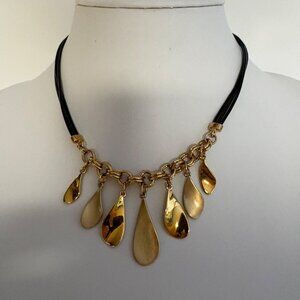 Lia Sophia Jamboree Gold Tone Hanging Teardrops Necklace Black Cord Jewelry